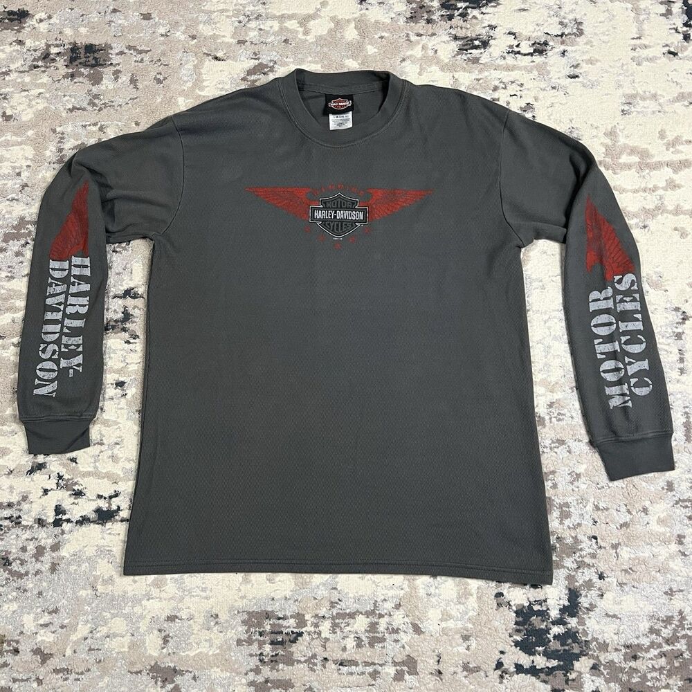 Harley Davidson Mens Sz L Thermal Waffle Knit USA Long Sleeve Shirt Flames #1 MN